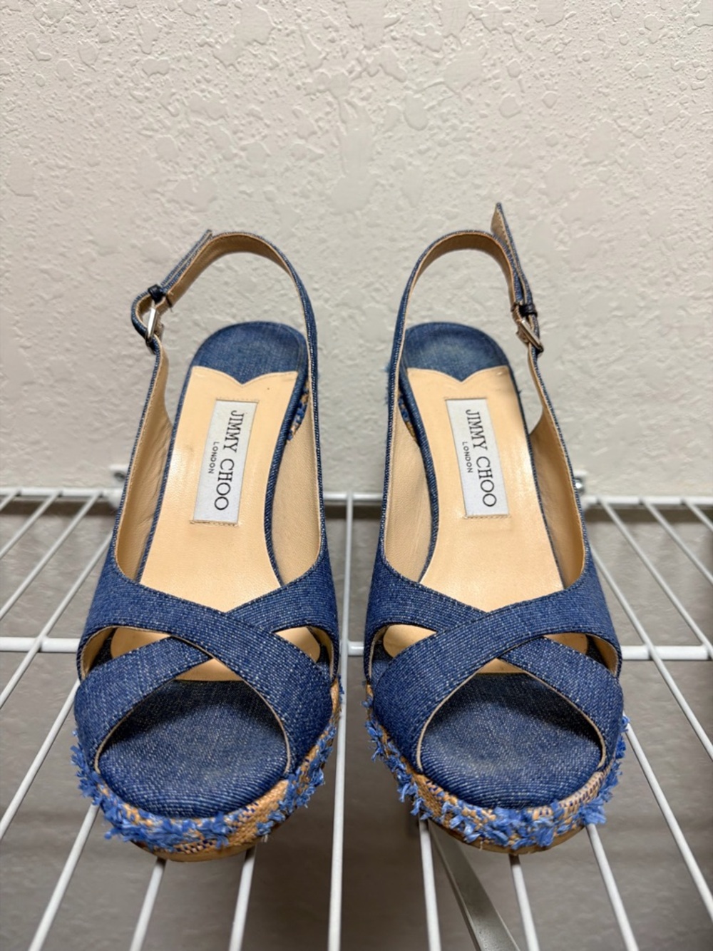 Jimmy Choo Denim Crisscross Slingback Wedge Sandals